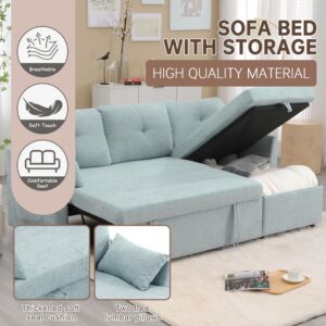 LIFEISLE Modern Sofa Bed,3 Seater Pull Out Sleeper Sofa Couch with Storage Chaise for Living Room,Chenille 81.1" 2 in 1 Sofa Sleeper with 2 Pillows and Side Pocket for Apartment,Lounge,Mint Green