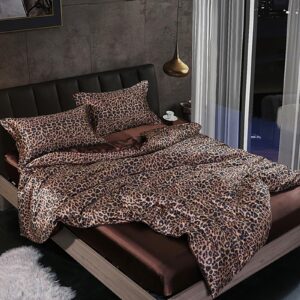 gripithpy 4pcs satin comforter cover set, full/queen size luxury silk like satin duvet cover set, breathable soft bedding set with quilt cover, flat sheet, pillowcase (queen, leopard print)