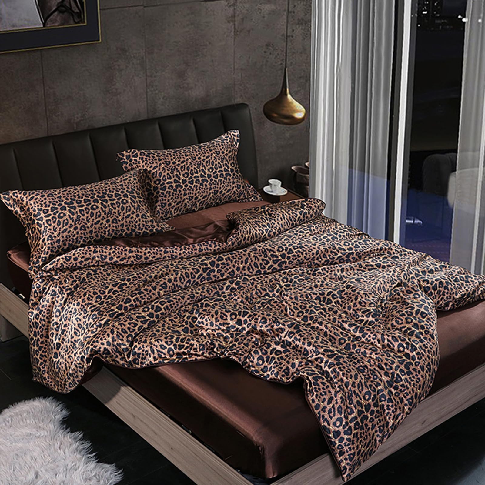 GRIPITHPY 4PCS Satin Comforter Cover Set, Full/Queen Size Luxury Silk Like Satin Duvet Cover Set, Breathable Soft Bedding Set with Quilt Cover, Flat Sheet, Pillowcase (Queen, Leopard Print)