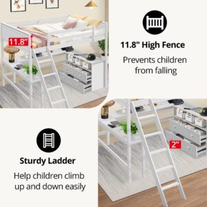 Full Size Loft Bed with L-Shaped Desk, Storage Shelves and 2 Drawers, Solid Wood Loft Bed Frame with Guardrails and Ladder for Girls Boys Junior Adults, Space-Saving Design, White