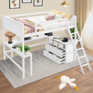 full size loft bed with l-shaped desk, storage shelves and 2 drawers, solid wood loft bed frame with guardrails and ladder for girls boys junior adults, space-saving design, white