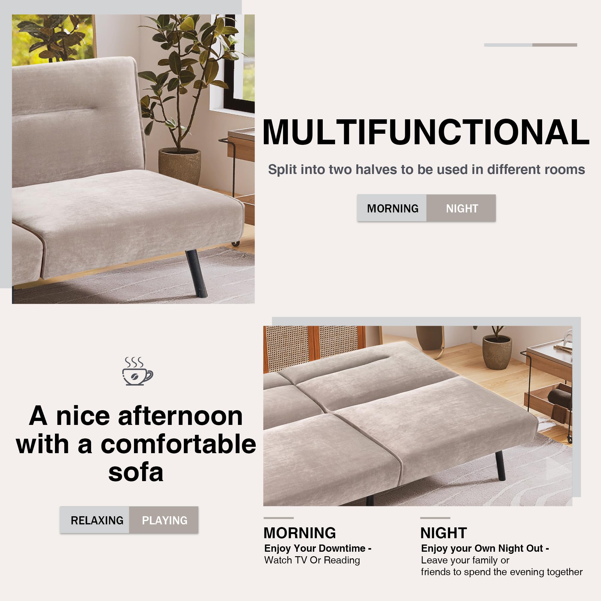 AMICLIBER Convertible Sofa Memory Foam Futon Sofa Bed Sleep Plitback LoveSeat Daybed Sofa for Living Spaces,Apartment,Khaki