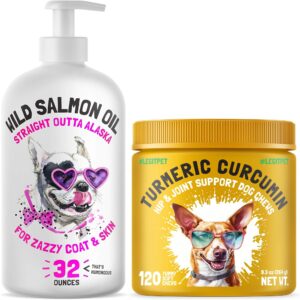 wild alaskan salmon oil for dogs & cats 32 oz and turmeric curcumin hip & joint dogs supplement anti-inflammatory support for arthritis & mobility 120 chews