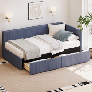 think 30 corduroy upholstered daybed with two storage drawers, l shape corner bed with vertical striped design, twin size, blue