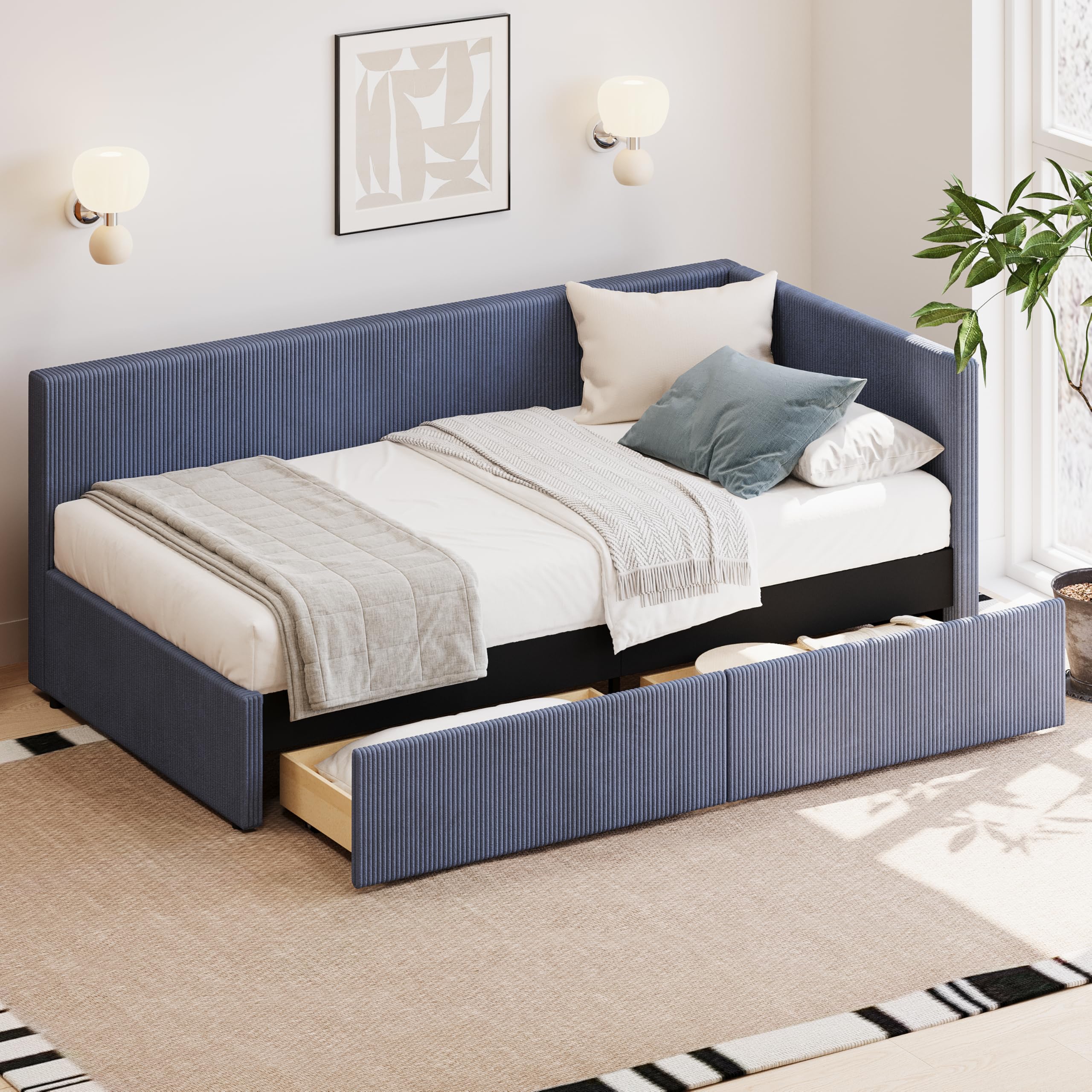 THINK 30 Corduroy Upholstered Daybed with Two Storage Drawers, L Shape Corner Bed with Vertical Striped Design, Twin Size, Blue