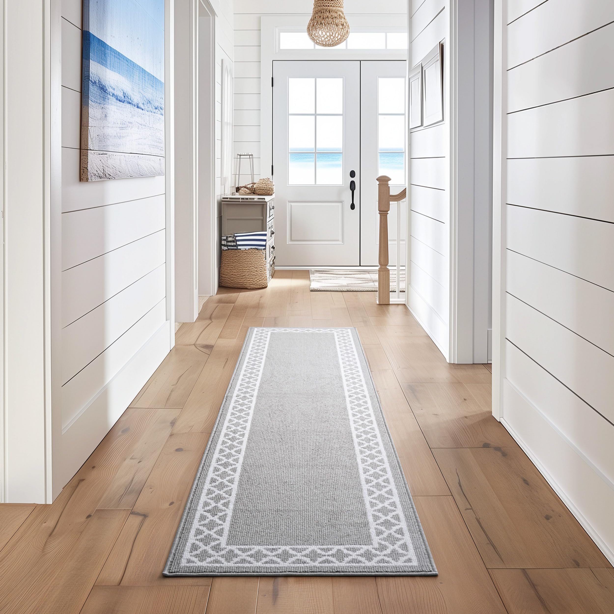 Nautica – Runner Rug | Indoor Runners for Hallways and Entry Rugs| Non-Slip and Non-Skid Entry and Kitchen Door Mat| Machine Washable Entryway Carpet Rugs | 30" x 120"| Trellis Light Grey