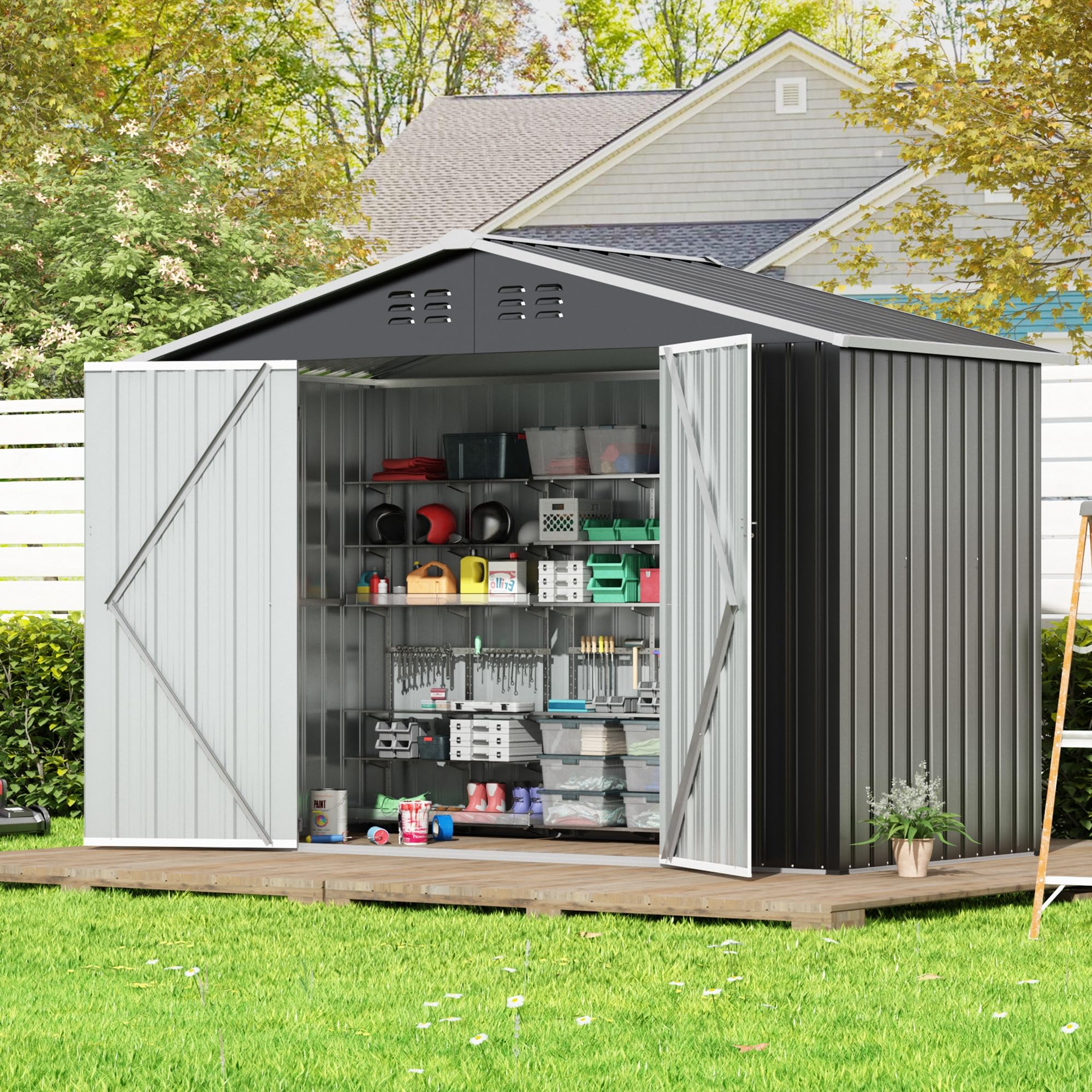 HOGYME 9x4 FT Outdoor Storage Shed, Large Metal Tool Sheds with Updated Frame Structure and Lockable Doors, Garden Shed for Backyard Garden Patio Lawn, Grey