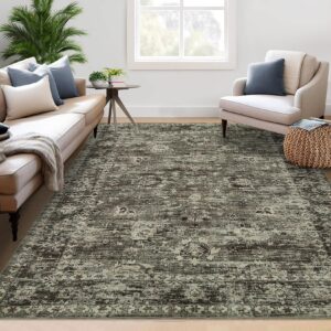 garveehome 9x12 vintage distressed large living room rug for bedroom non-skid machine washable medallion floral print area rug farmhouse oriental soft low-pile indoor accent carpet, brown