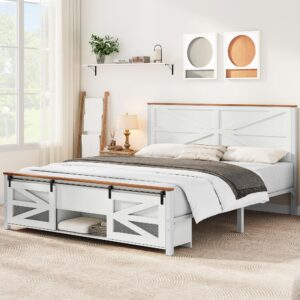 YITAHOME Queen Size Farmhouse Bed Frame with Sliding Barn Door Storage Cabinets, Platform Bed Frame with 47.2" Headboard, Solid Metal Slats Support, Noiseless, No Box Spring Needed, White