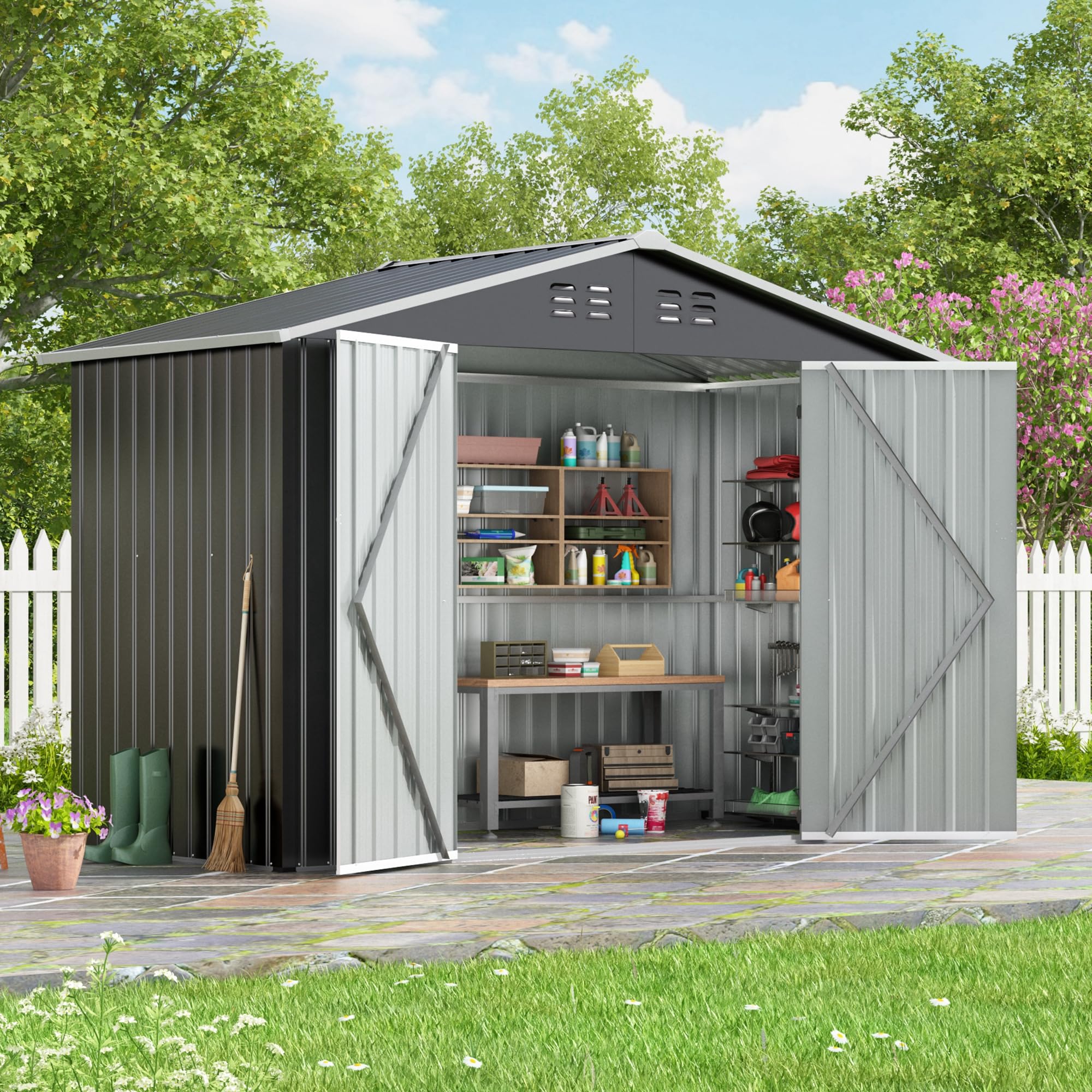 HOGYME 9x4 FT Outdoor Storage Shed, Large Metal Tool Sheds with Updated Frame Structure and Lockable Doors, Garden Shed for Backyard Garden Patio Lawn, Grey