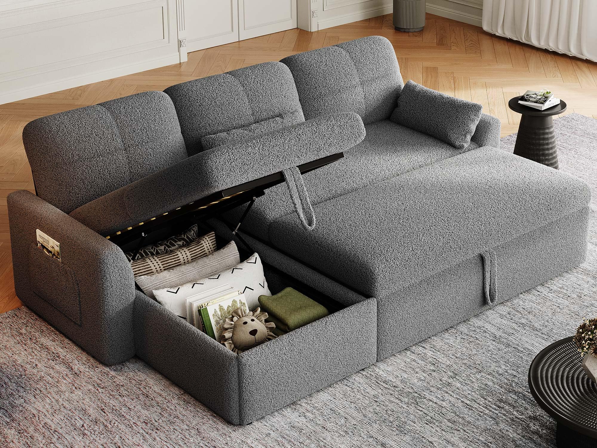 DWVO 86" Sectional Sofa Couch, 2 in 1 Sleeper Sofa Bed with Reversible Storage Chaise Pull Out Bed, L-Shape Sofa Bed for Living Room, Side Storage Pocket, Teddy Fleece, Grey