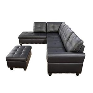 PVWIIK Modular Sectional Sofa Set, Modern L Shaped Sectional Sofa Set with Storage Ottoman & 2 Pillow, 2 Cup Holders, 6 Seat Sofa Couch Set for Living Room, Office, Apartment (Faux Leather, Black)