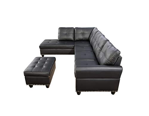 PVWIIK Modular Sectional Sofa Set, Modern L Shaped Sectional Sofa Set with Storage Ottoman & 2 Pillow, 2 Cup Holders, 6 Seat Sofa Couch Set for Living Room, Office, Apartment (Faux Leather, Black)