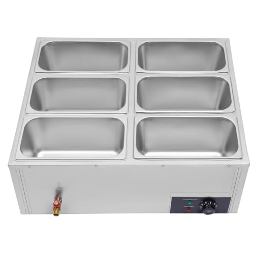 Commercial Electric Food Warmer 6-Pan Buffet Countertop Steam Table 850W Stainless Steel Electric Food Warmer 110V Electric Steam Table for Catering Restaurant