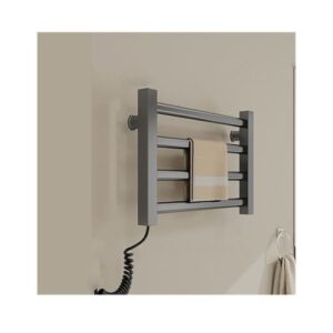 njdqfa small towel warmer plug-in,energy-saving heated drying rack 4 bars,heated towel racks for bathroom wall mounted,gray,plug in left