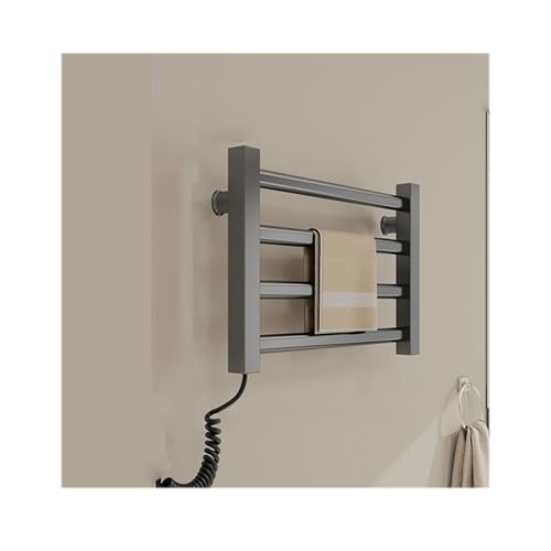 NJDQFA Small Towel Warmer Plug-in,Energy-Saving Heated Drying Rack 4 Bars,Heated Towel Racks for Bathroom Wall Mounted,Gray,Plug in Left