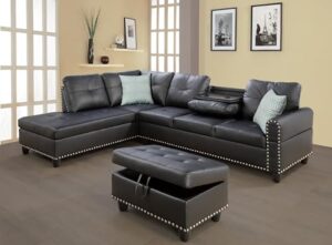 pvwiik modular sectional sofa set, modern l shaped sectional sofa set with storage ottoman & 2 pillow, 2 cup holders, 6 seat sofa couch set for living room, office, apartment (faux leather, black)