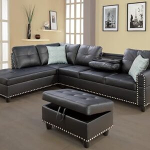 PVWIIK Modular Sectional Sofa Set, Modern L Shaped Sectional Sofa Set with Storage Ottoman & 2 Pillow, 2 Cup Holders, 6 Seat Sofa Couch Set for Living Room, Office, Apartment (Faux Leather, Black)