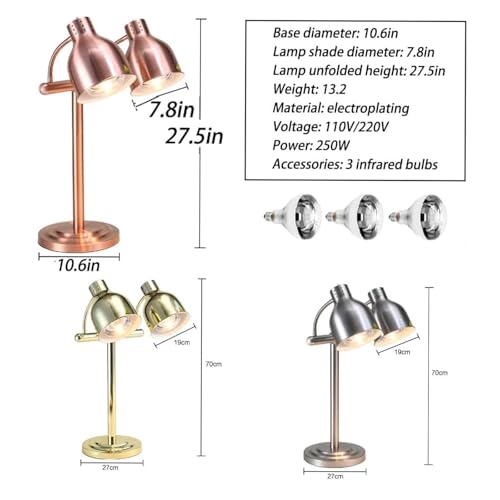 Free Standing Food Warming Lamp 2 * 250W Buffet Food Heating Lamp, 360°Adjustable Head for Buffet Kitchen Restaurant,Silver