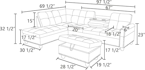 PVWIIK Modular Sectional Sofa Set, Modern L Shaped Sectional Sofa Set with Storage Ottoman & 2 Pillow, 2 Cup Holders, 6 Seat Sofa Couch Set for Living Room, Office, Apartment (Faux Leather, Black)