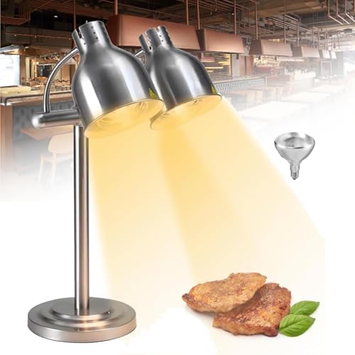 Free Standing Food Warming Lamp 2 * 250W Buffet Food Heating Lamp, 360°Adjustable Head for Buffet Kitchen Restaurant,Silver