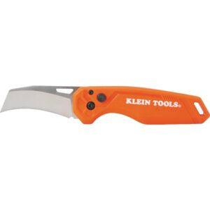 klein tools 44321 folding utility pocket knife, compact edc with hawkbill knife blade, button lock, pocket clip, and tether hole