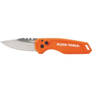 klein tools 44320 flickblade folding utility pocket knife, compact edc with stainless steel blade, button lock, pocket clip, and tether hole