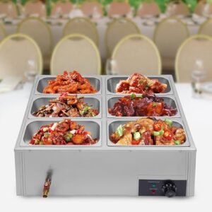 Commercial Electric Food Warmer 6-Pan Buffet Countertop Steam Table 850W Stainless Steel Electric Food Warmer 110V Electric Steam Table for Catering Restaurant