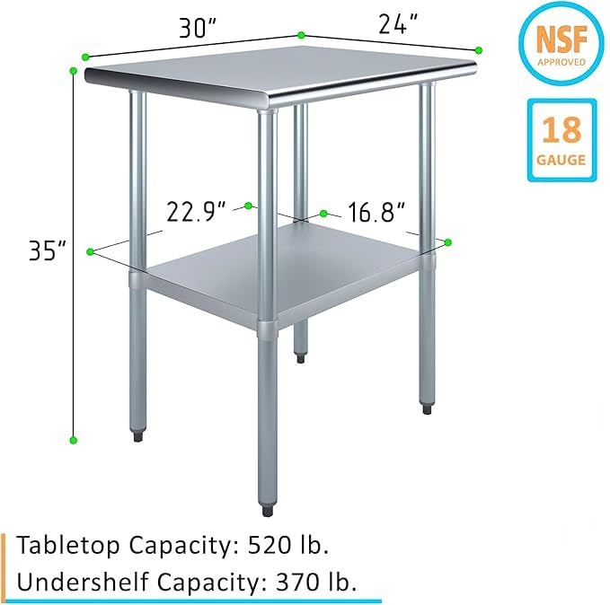 Express KitchQuip Stainless Steel Work Table | Commercial & Residential Kitchen Laundry Garage Utility Bench | NSF Metal Prep Table (24" x 30" Table)