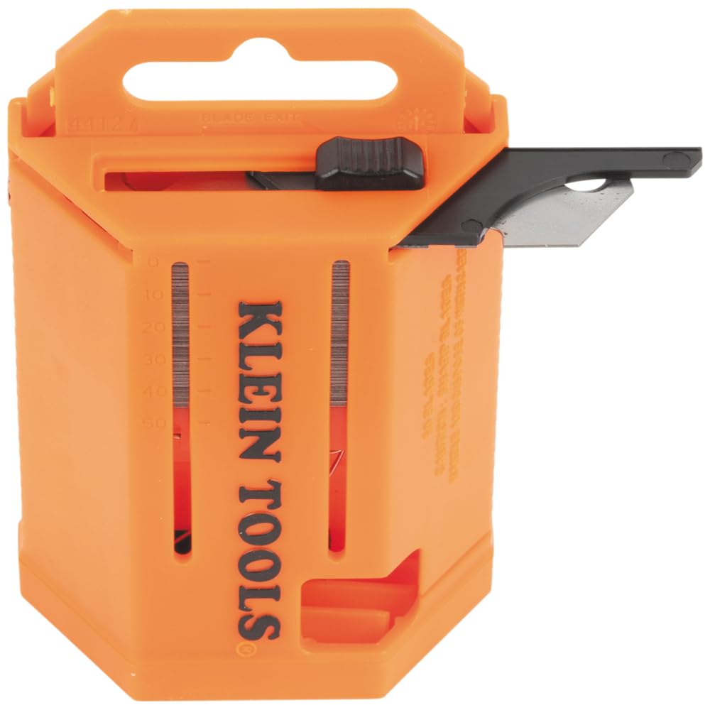 Klein Tools 44127 Utility Knife Blade Dispenser with 50 Precision Ground Replacement Hook Blades for Long-Lasting Sharpness