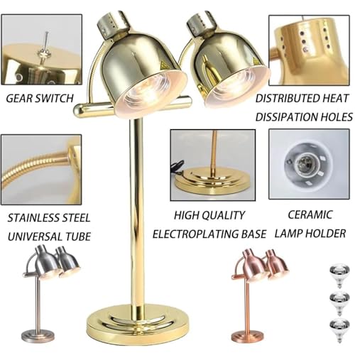 Free Standing Food Warming Lamp 2 * 250W Buffet Food Heating Lamp, 360°Adjustable Head for Buffet Kitchen Restaurant,Silver