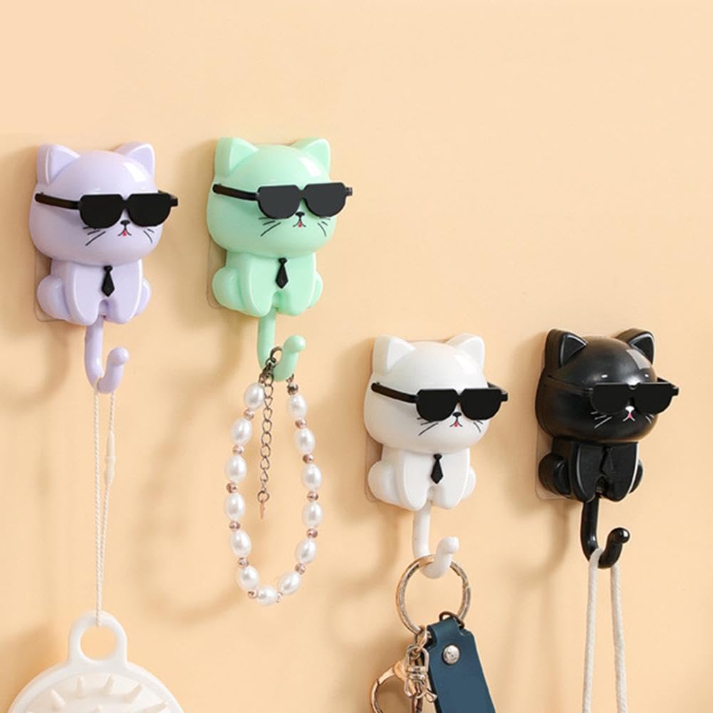 Cute Cat Key Hook, Cat Hooks for Wall, 2 Cartoon Cat in Sunglasses Creative Gra-vity Hook, Adhesive Coat Hooks Key Holder for Wall Decorative, Pet Wall Hooks for Hanging Key, Bag, Hat, Towel (mix)