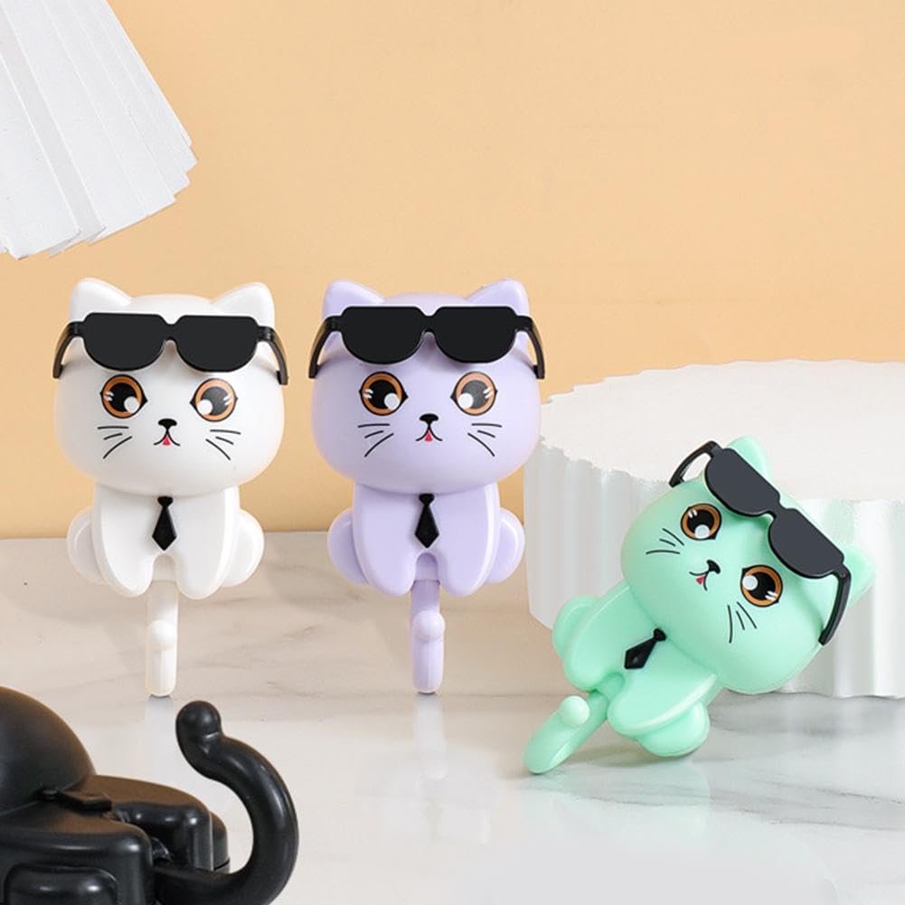 Cute Cat Key Hook, Cat Hooks for Wall, 2 Cartoon Cat in Sunglasses Creative Gra-vity Hook, Adhesive Coat Hooks Key Holder for Wall Decorative, Pet Wall Hooks for Hanging Key, Bag, Hat, Towel (mix)