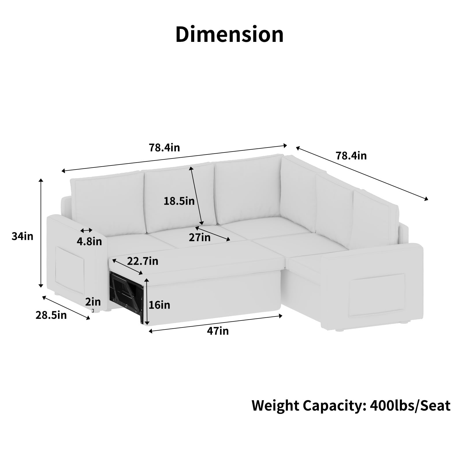 L Shaped Sectional Sofa with Pull Out Bed, Premium Modern Linen Modular Sectional Sofa, Large Slim Sofa Convertible Sleeper Couch Bed, Certified Large 5 Seat Sectional Couch for Living Room, Gray