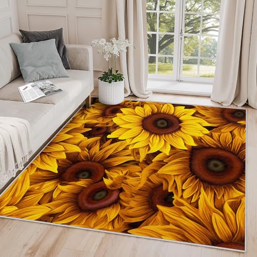 Yoozitrees Sunflower Rugs for Living Room - Sunflower Rug, 6x9 Rug, Yellow Flower Autumn Floral Area Rug, Fall Botanical Carpet, Washable & Non Slip & Soft Large Rugs, Sunflower Home Decor