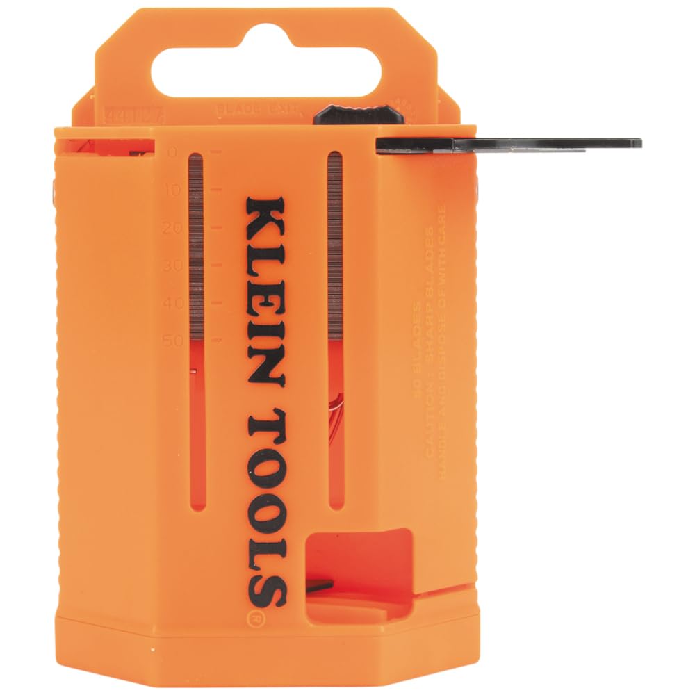 Klein Tools 44127 Utility Knife Blade Dispenser with 50 Precision Ground Replacement Hook Blades for Long-Lasting Sharpness