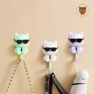 Cute Cat Key Hook, Cat Hooks for Wall, 2 Cartoon Cat in Sunglasses Creative Gra-vity Hook, Adhesive Coat Hooks Key Holder for Wall Decorative, Pet Wall Hooks for Hanging Key, Bag, Hat, Towel (mix)