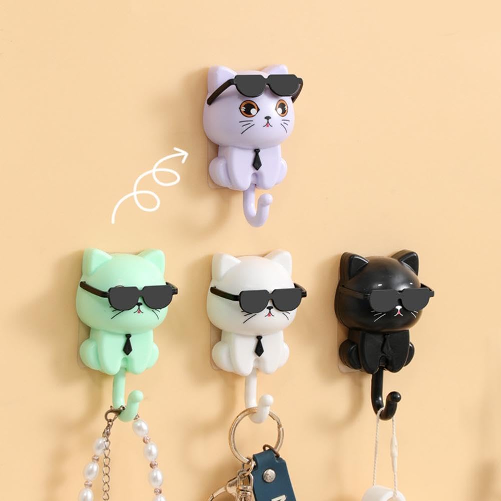 Cute Cat Key Hook, Cat Hooks for Wall, 2 Cartoon Cat in Sunglasses Creative Gra-vity Hook, Adhesive Coat Hooks Key Holder for Wall Decorative, Pet Wall Hooks for Hanging Key, Bag, Hat, Towel (mix)