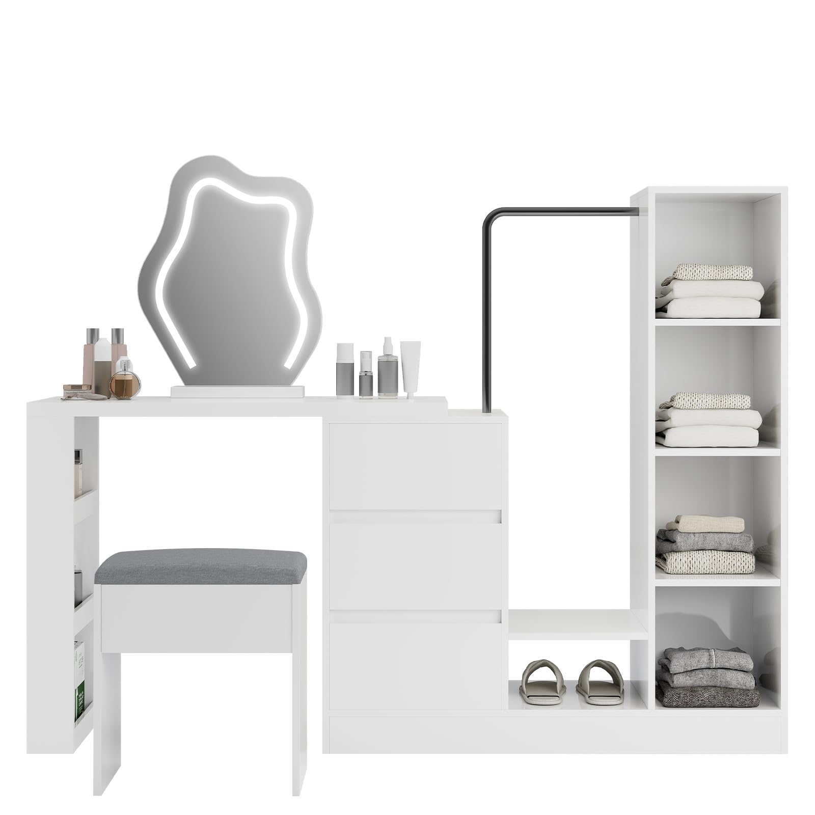 ARTETHYS Vanity Desk with Mirror and Lights White Makeup Desk with Storage Chair and Drawers Corner Vanity Table Set with Hanger and Storage Shelves