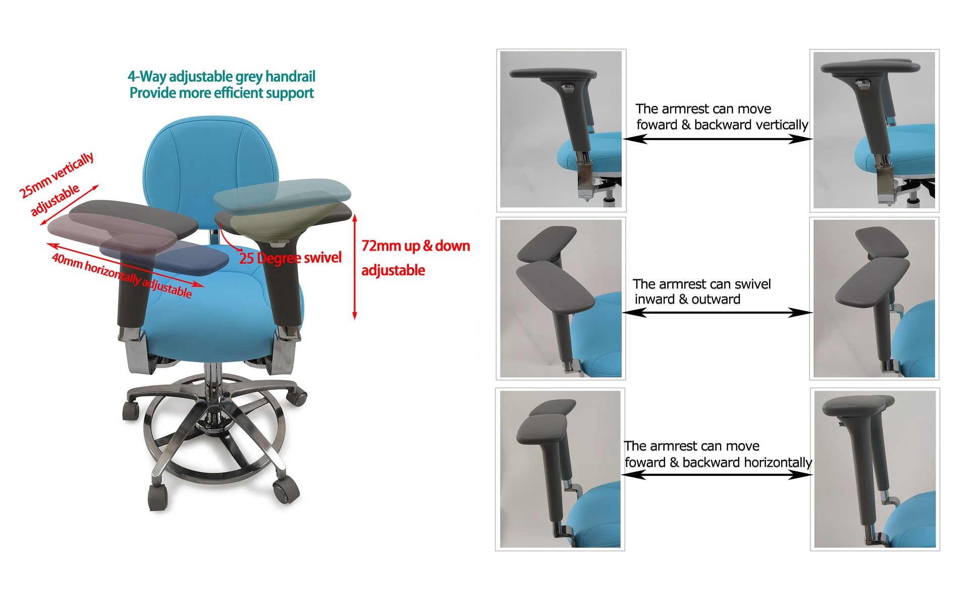 Ergonomic Dental Saddle Assistant Chair Stool with Rotatable 4D Armrest and Back Support for Microscope Operator in Dental Clinics,Luxury Aluminium Foot Operated Base (C10 Grey)