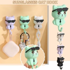 Cute Cat Key Hook, Cat Hooks for Wall, 2 Cartoon Cat in Sunglasses Creative Gra-vity Hook, Adhesive Coat Hooks Key Holder for Wall Decorative, Pet Wall Hooks for Hanging Key, Bag, Hat, Towel (mix)