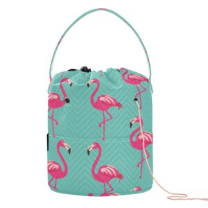 lovely flamingos teal crochet bag organizer yarn storage bag yarn holder knitting bag crochet accessories with pockets portable for knitting kit supplies travel