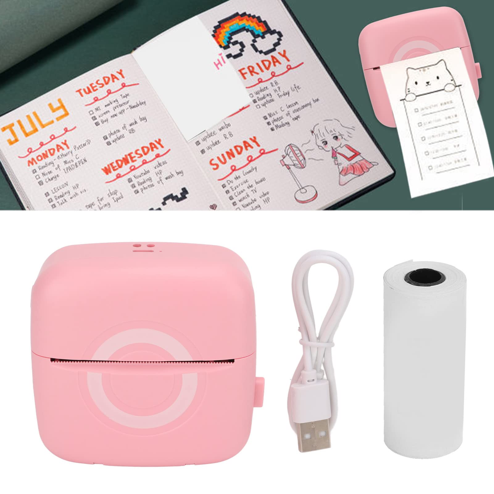 Lybunair Mini Bluetooth Thermal Printer Portable Handheld 200DPI USB Charging Smart Sticker Printer Pink