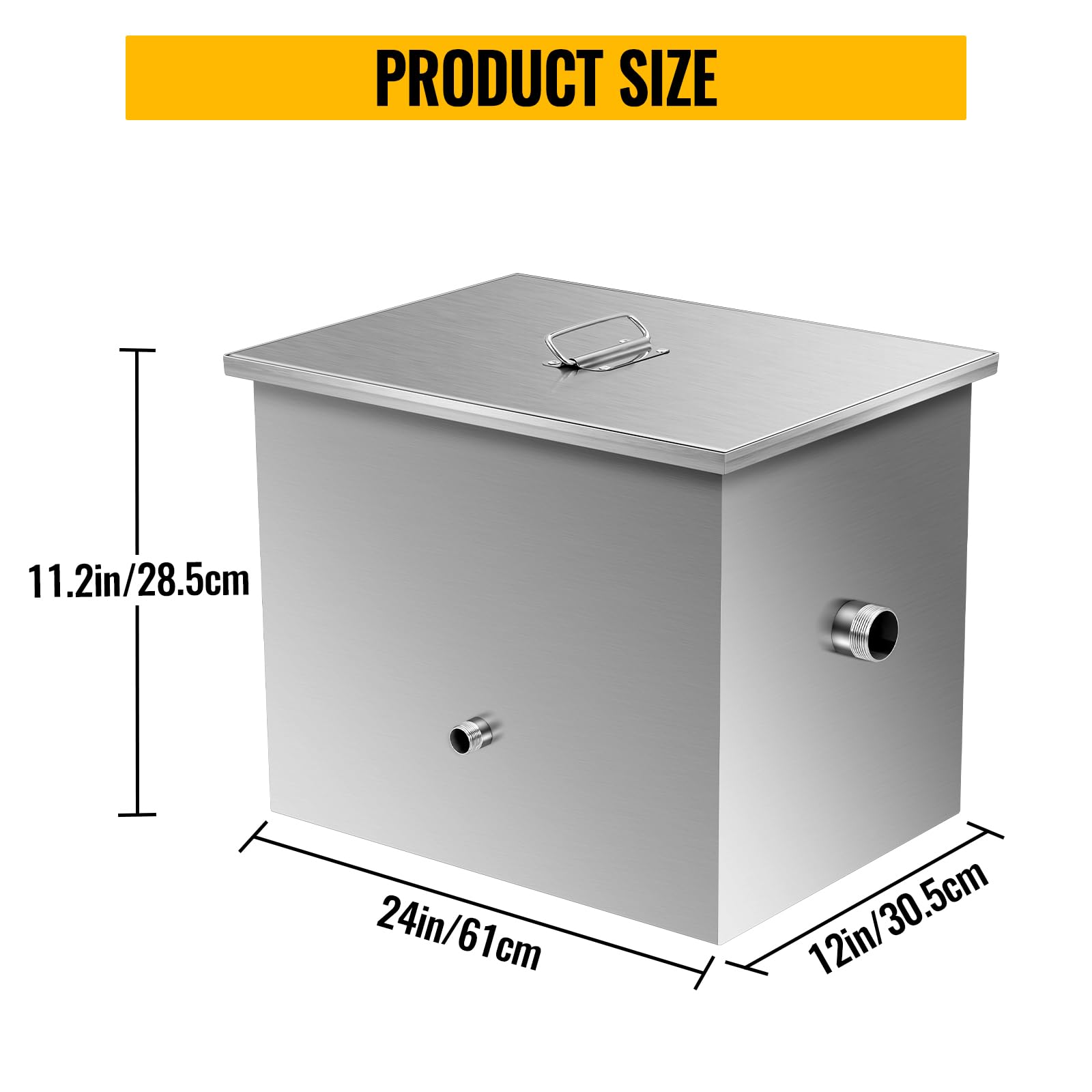 Commercial Grease Trap, Grease Interceptor, Side Inlet Interceptor, Under Sink Stainless Steel Grease Trap, 2.8 GPM Waste Water Oil-Water Separator, for Restaurant Canteen Home Kitchen,25 LB,Silver