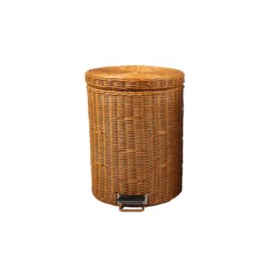 round wicker dustbin with cover,hand woven foot type trash can,with removable inner bucketseparated dustbin in office and living room, waste paper basket, slow-drop dustbin in kitchen and toilet