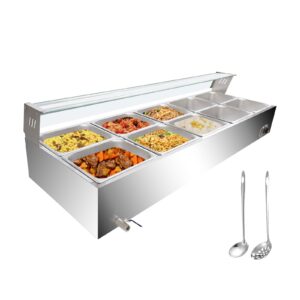 10-pan commercial food warmer, 120 qt electric steam table, stainless steel bain marie with tempered glass cover, 1500w countertop food warmer 86-185°f temp control for catering, restaurant, silver