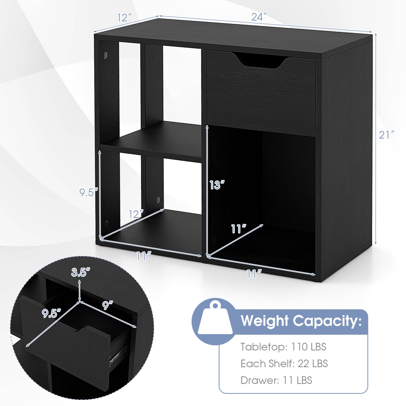 GOFLAME 3 Cube Bookcase with Drawer, Modern Simple Bookshelf Display Rack with 2-Tier Open Shelves, Multifunctional Cube Storage Shelves for Living Room, Bedroom, Black