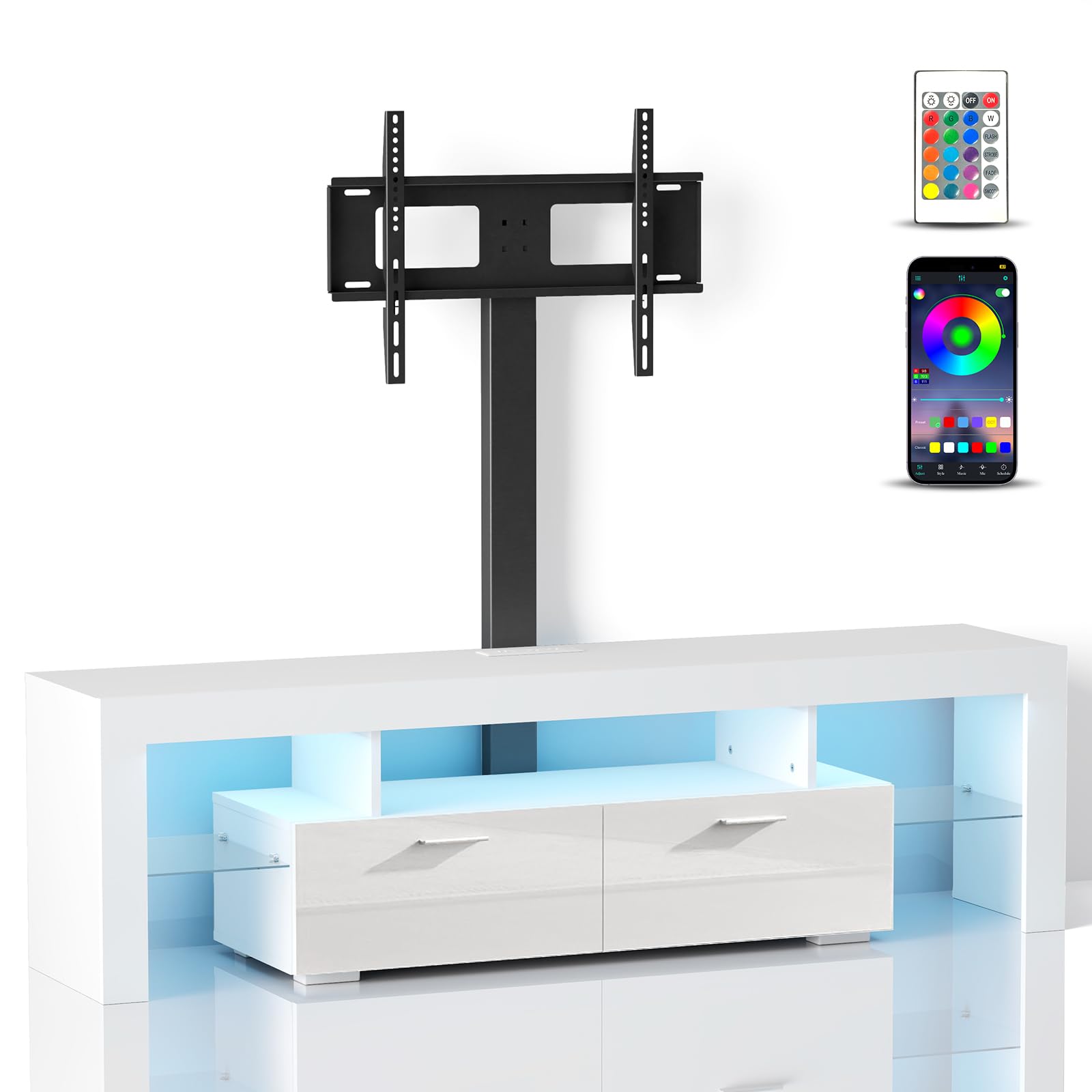 Lamtor TV-Stand with Mount and Power Outlet - Swivel LED TV Stand for 75 70 65inch Televisions, Modern Entertainment Center with Drawers, TV Console Media Cabinet for Living Room, White