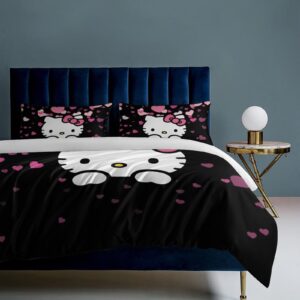 PHKYTRN Cute Cartoon Duvet Cover Set Pink Cat Bedding Set 1 Duvet Cover and 2 Pillowcases 3D Cartoon Printed Comfortable and Ultra Soft Bed Set Room Decor for Bedroom 229x229 cm