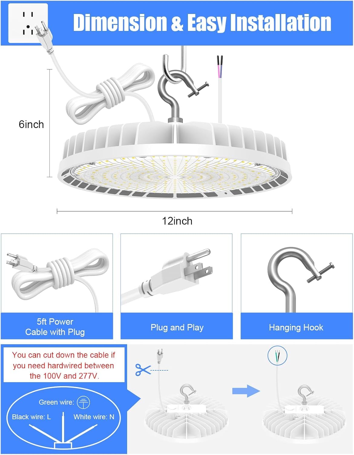 KUKUPPO 4 Pack LED High Bay Light 240W 190W 140W Adjustable, 3000K 4000K 5000K Adjustable UFO Bay Light with 5' Cable and Plug, 0-10V Dimmable AC100-277V UL&DLC Listed, White